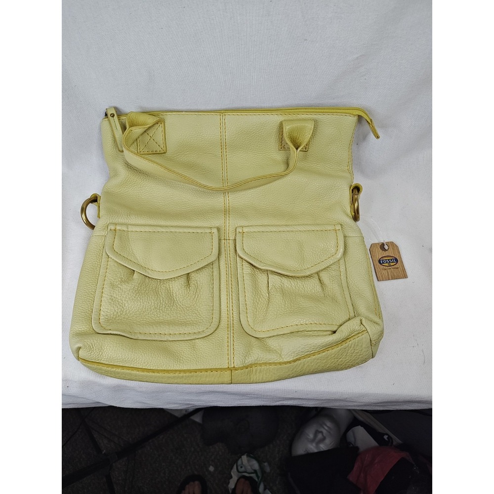 Fossil Modern Cargo Foldover Tote Bag NWT Yellow Pebbled Leather Crossbody Purse